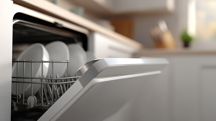 A partially open dishwasher reveals a rack full of pristine white plates. Set in a bright kitchen, it captures a sense of efficiency and modern convenience in daily life.