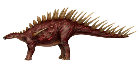 Spiked stegosaurus dinosaur illustration in rich red tones. © Ilie