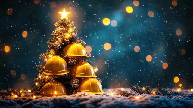 Christmas tree made of yellow construction helmets with glowing star and lights, celebrating Christmas in the construction industry, with a festive atmosphere and bokeh effect in a dark background