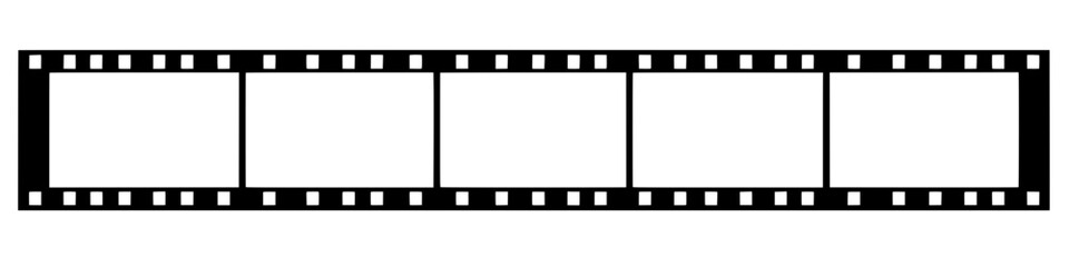 a classic black and white film strip with five empty frames ready for your story