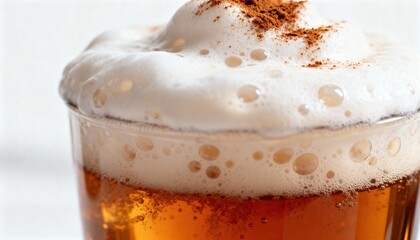 A close-up of a glass of beer with a thick, frothy head and a sprinkle of cinnamon on top. The beer has a golden amber color and bubbles rising.