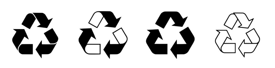 a collection of recycle symbols in black and white, illustrating different styles and variations