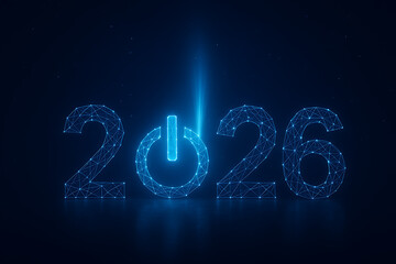 2026 future technology concept polygonal power button glowing start new year business innovation digital transformation blue background