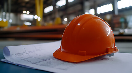 On a table in a factory, an orange safety helmet is placed on top of an open blueprint drawing, highlighting the need for safety and planning in industrial environments. Focus on protection 
