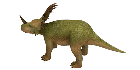 Illustration of a green dinosaur with large horns.
