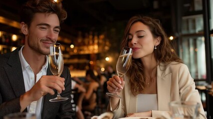 Smiling couple enjoying champagne and oysters in an elegant restaurant, symbolizing romance, celebration, and sophisticated dining experience - Powered by Adobe