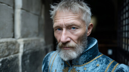 Portrait of a medieval old man wearing an elegant jacket.