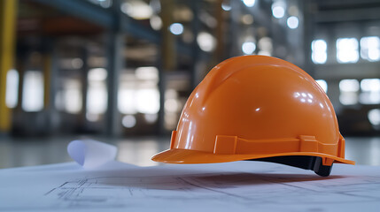 Safety First: Orange hard hat resting on architectural blueprints in a modern industrial facility. Symbolizes planning, protection and expertise in construction.