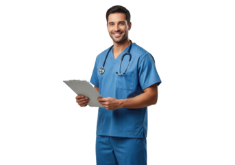 Smiling male doctor in blue scrubs holding a tablet with stethoscope