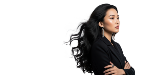 A portrait of a woman with long, wavy black hair, wearing a black blazer and silver earrings, against transparent background
