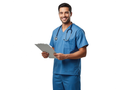 Smiling male doctor in blue scrubs holding a tablet with stethoscope