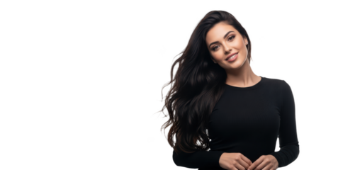 A woman with long, wavy dark hair, wearing a black sweater, smiling confidently, against transparent background