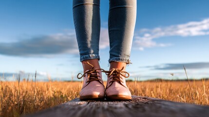 Bright sunlight shining on a person standing in a field with tall grass and a clear blue sky at sunset
