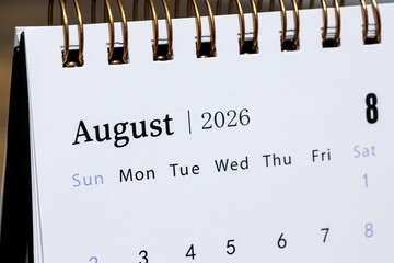 August 2026 monthly calendar page close up, minimal design planner showing days of the week and dates for time management and organization concept