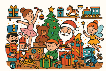 Whimsical christmas scene with santa elves and a variety of classic toys