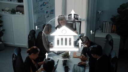 A diverse team of professionals engaged in a strategic meeting in a modern office, analyzing financial growth metrics and discussing innovative business solutions. Raster - Powered by Adobe