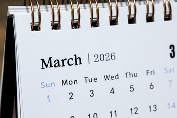 March 2026 monthly calendar page close up, minimal design planner showing days of the week and dates for time management and organization concept
