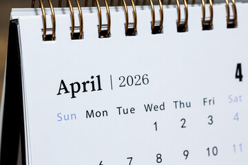 April 2026 monthly calendar page close up, minimal design planner showing days of the week and dates for time management and organization concept