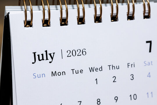 July 2026 monthly calendar page close up, minimal design planner showing days of the week and dates for time management and organization concept