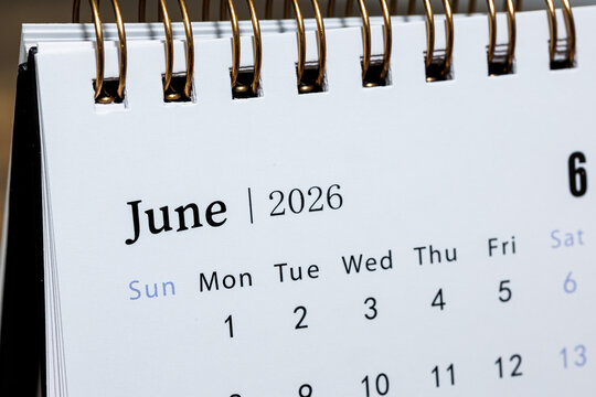 June 2026 monthly calendar page close up, minimal design planner showing days of the week and dates for time management and organization concept