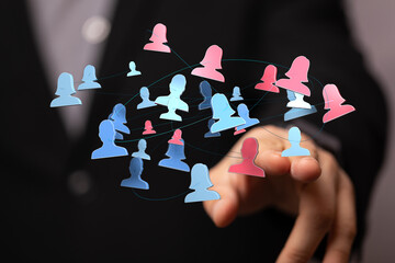 Concept of teamwork and social connection, showing a network of individuals connected digitally. Suitable for business and technology themes.