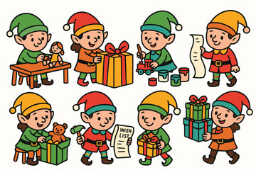 Cute christmas elves busy making and wrapping presents for the holidays