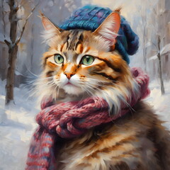 A cat in a winter knitted hat