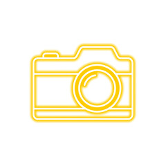 A bright yellow neon-style outline of a camera, isolated on a white background, creating a minimalist and modern graphic.
