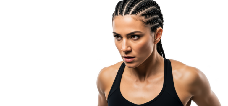 A young woman with long braided hair wearing a black sports bra, looking directly at the viewer, against transparent background