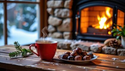 A cozy winter scene illuminated by the flickering glow of a crackling fireplace, captured from a low angle, through the object perspective, On the left side of the position