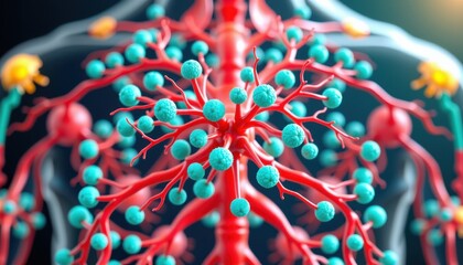 A stunning 3D illustration that vividly depicts the intricate anatomy of the human internal lymphatic system, focusing on the network of lymph nodes, Render the scene in a sleek, glossy modern style