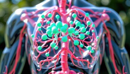 A stunning 3D illustration that vividly depicts the intricate anatomy of the human internal lymphatic system, focusing on the network of lymph nodes, Render the scene in a sleek, glossy modern style