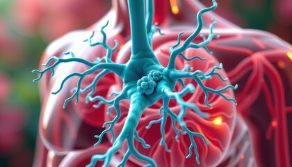 A stunning 3D illustration that vividly depicts the intricate anatomy of the human internal lymphatic system, focusing on the network of lymph nodes, Render the scene in a sleek, glossy modern style