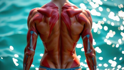 A striking, hyper realistic depiction of a female figure viewed from the posterior perspective, emphasizing intricate muscular anatomy with a focus on the back, shoulders, and glutes