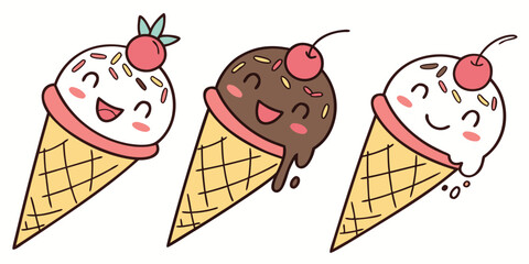 Adobe Illustrator ArtworkHand Drawn Vector Illustration of Cute Ice Cream Cones – Adorable Dessert Art, Summer Sweet Treat Clipart, Cartoon Ice Cream Cone Design for Posters, Stickers, and Kids Menu G