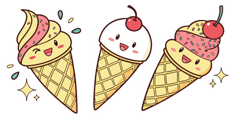 Adobe Illustrator ArtworkHand Drawn Vector Illustration of Cute Ice Cream Cones – Adorable Dessert Art, Summer Sweet Treat Clipart, Cartoon Ice Cream Cone Design for Posters, Stickers, and Kids Menu G