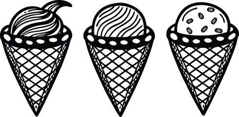 Adobe Illustrator ArtworkHand Drawn Vector Illustration of Cute Ice Cream Cones – Adorable Dessert Art, Summer Sweet Treat Clipart, Cartoon Ice Cream Cone Design for Posters, Stickers, and Kids Menu G