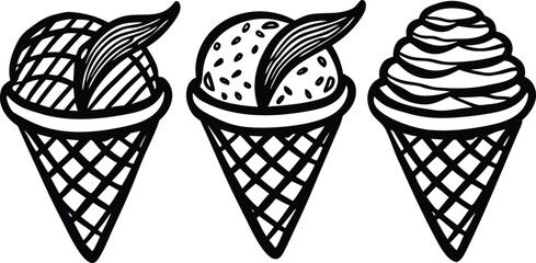 Adobe Illustrator ArtworkHand Drawn Vector Illustration of Cute Ice Cream Cones – Adorable Dessert Art, Summer Sweet Treat Clipart, Cartoon Ice Cream Cone Design for Posters, Stickers, and Kids Menu G