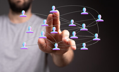 Abstract image of a person's hand interacting with a digital network concept, representing social connection, communication and global concepts