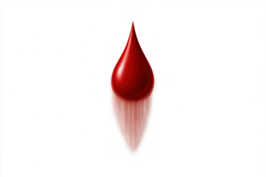 Blood drop falling, showing dynamic motion blur, representing urgency, crisis, or health concepts. Transparent background