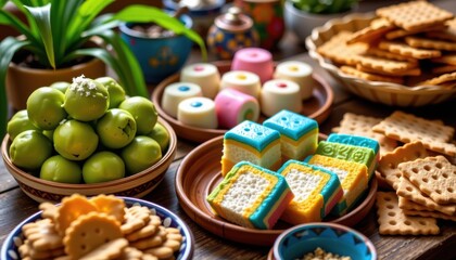 A vibrant, sunlit scene capturing an abundant spread of traditional Indonesian market snacks, arranged with artistic flair on a rustic wooden table, On the left