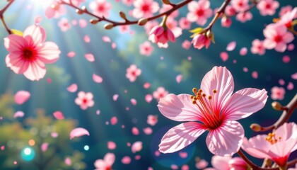 swirling luminous particles dance around the figure, blending seamlessly into the shimmering air, while delicate, translucent cherry blossoms float weightlessly