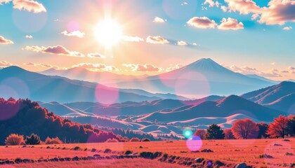 A sweeping landscape of the tranquil Japanese countryside captured in a vivid, abstract style, The scene unfolds as a dynamic tracking shot, viewed through a translucent