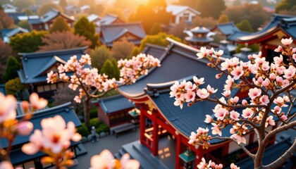 A breathtaking high angle macro shot capturing the iconic Yasaka Jinja Shrine nestled in the heart of Kyoto during the gentle dawn of March 30, 2018, The scene is bathed in the warm
