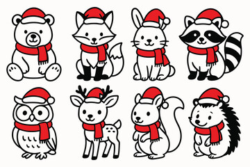 Adorable cartoon christmas animals wearing santa hats and red scarves