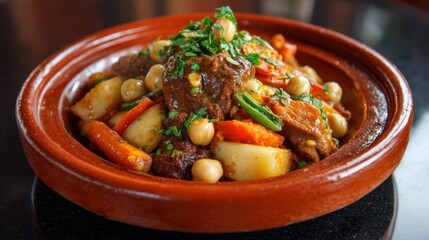 Traditional Moroccan tagine filled with tender meat, vegetables, and spices served in a vibrant clay dish