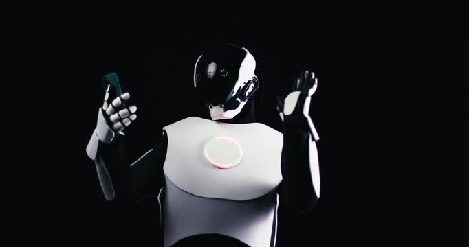 Advanced Humanoid Robot with LED Eyes Simulating Human Behavior Using Phone Smartphone Device Making Video Call