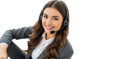 A smiling woman wearing a headset and a suit, against transparent background