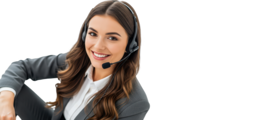 A smiling woman wearing a headset and a suit, against transparent background
