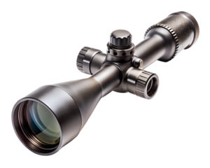 A detailed rifle scope with turrets and objective lens, isolated on transparent background